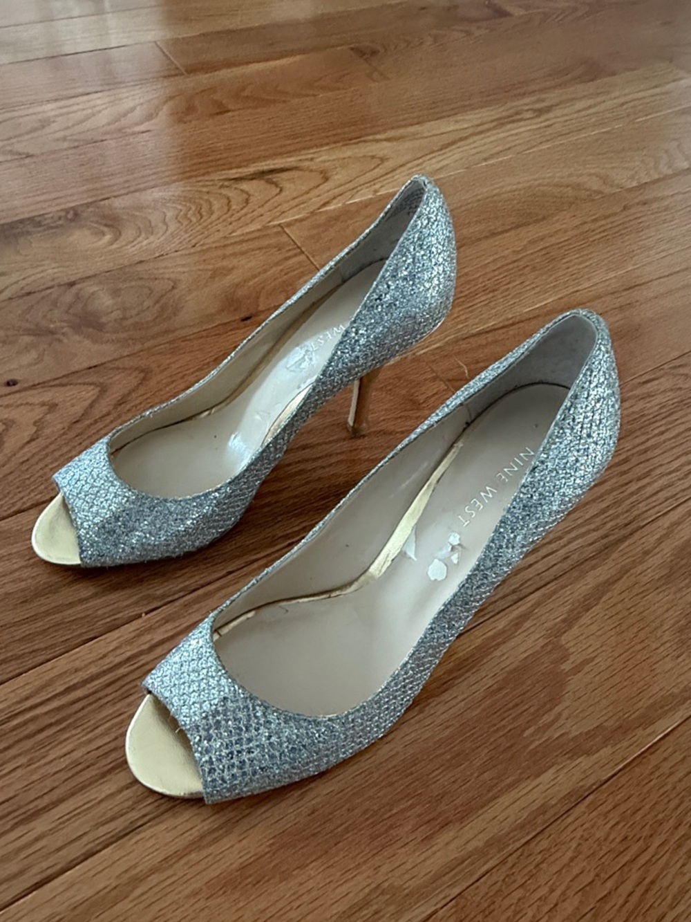 Nine West Silver Glitter Open-Toe Stilettos